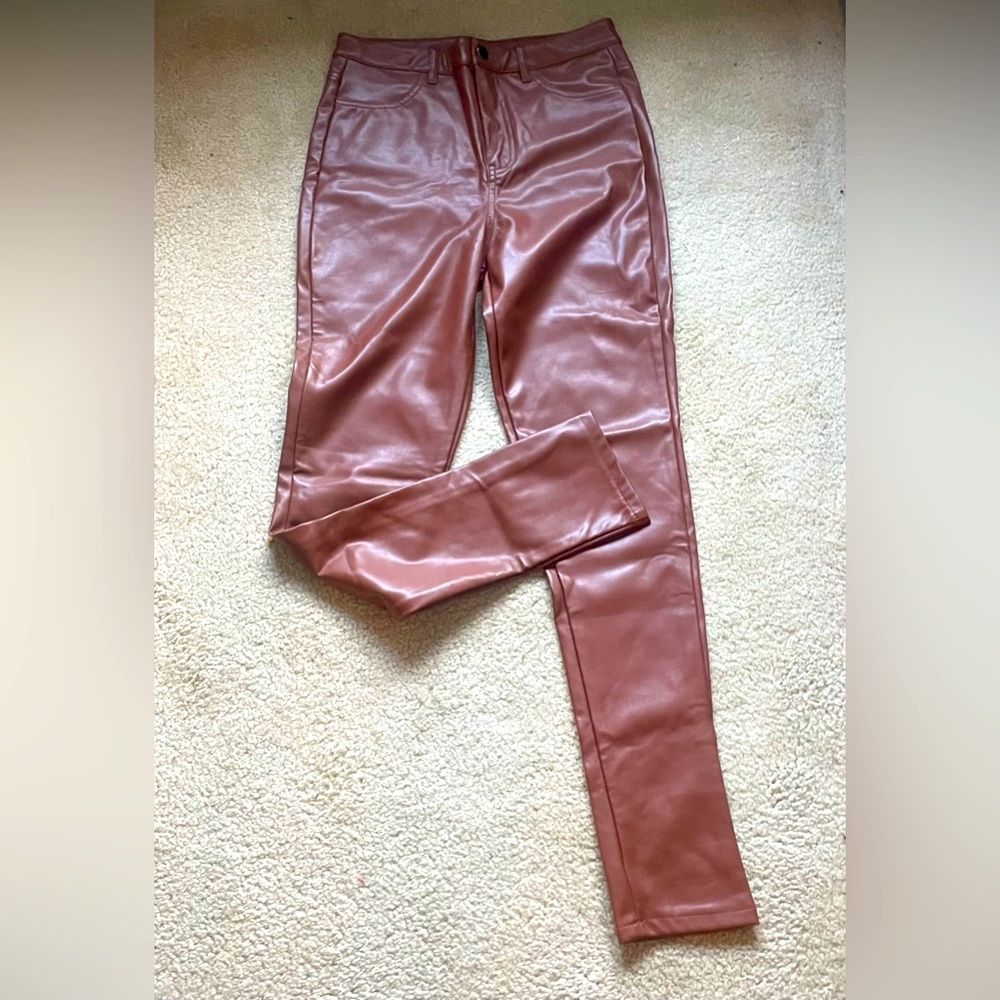 Shinestar Faux Leather Straight Leg Pants in Mauve Brown